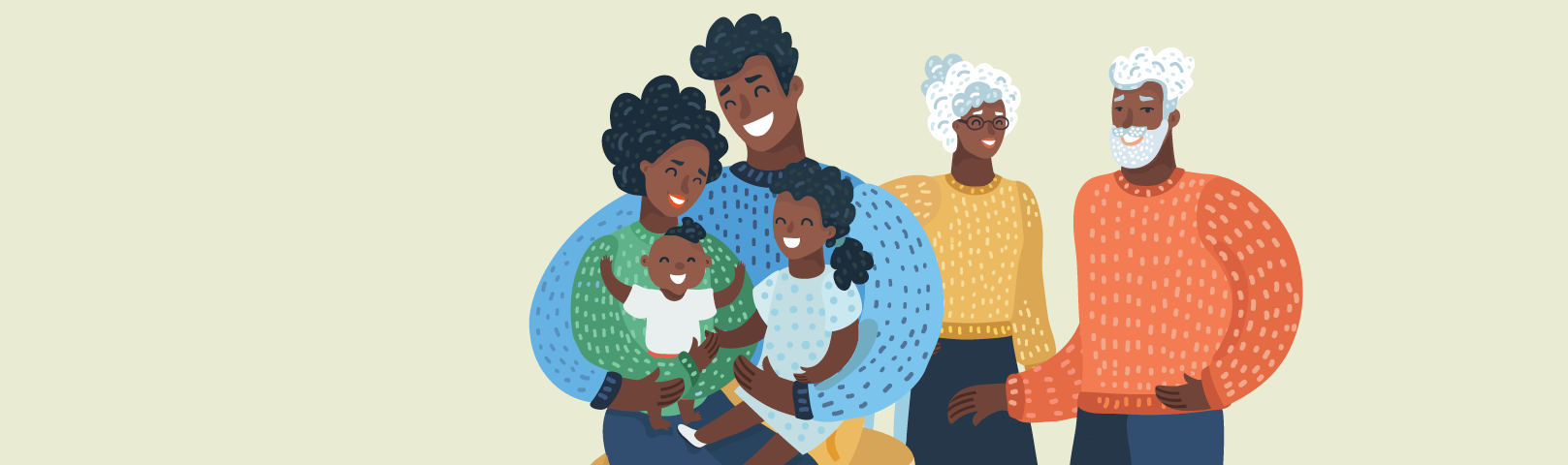 Illustration of a mom and dad holding their two children, with grandma and grandpa in the background - all with big smiles on their faces